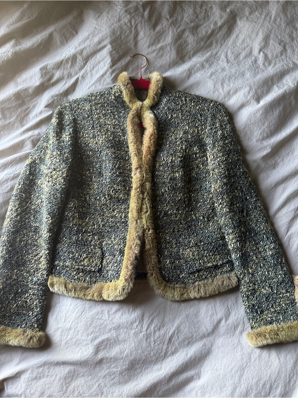 Lafayette 148 New York Wool Bouclé Jacket with Rabbit Fur Trim - Green/Gold